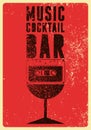 Music Cocktail Bar typographical vintage grunge style emblem or poster design with stylized glass silhouette and audio cassette. R Royalty Free Stock Photo